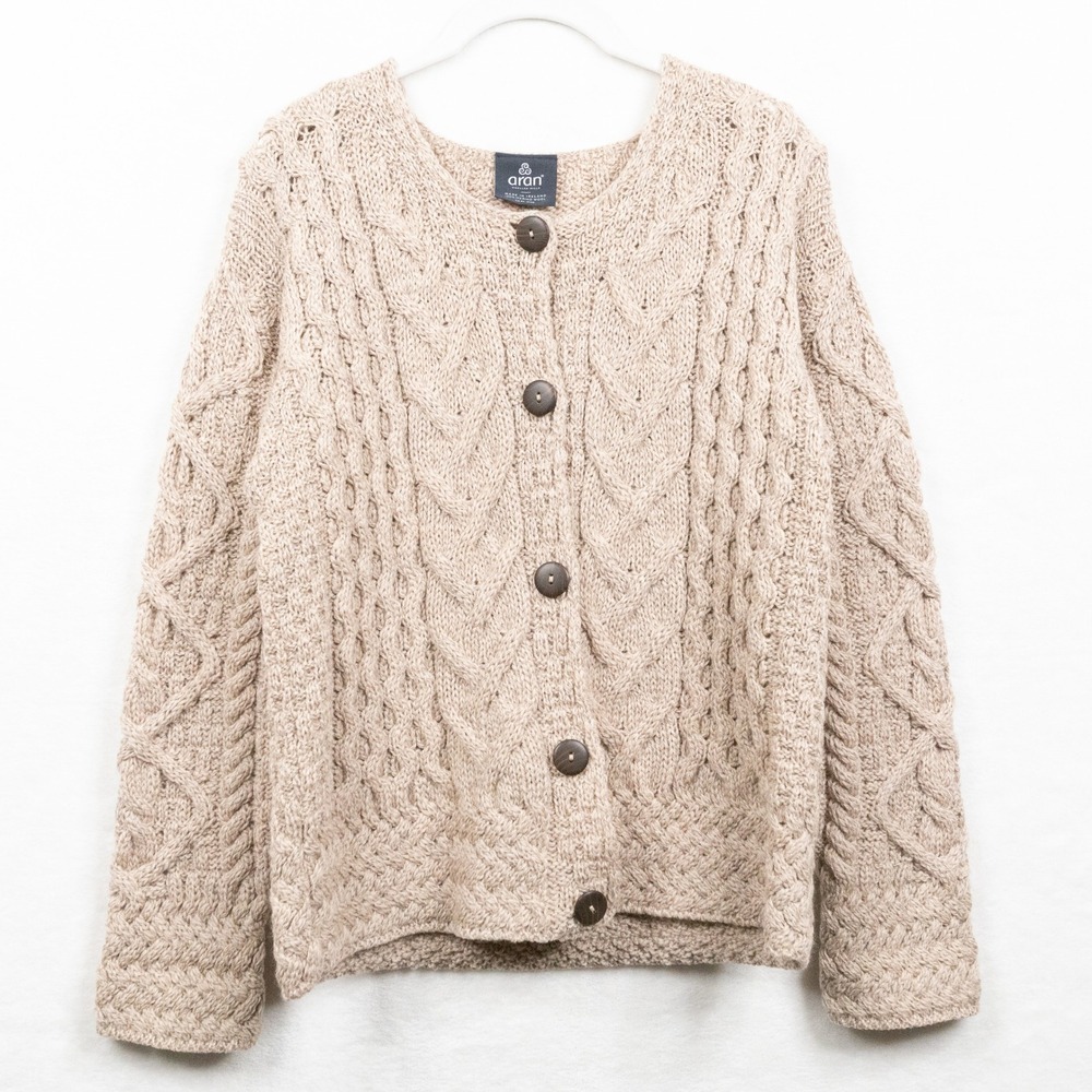 ARAN Irish Merino Wool Cable Knit Chunky Fisherman Cardigan Sweater Beige Sz S